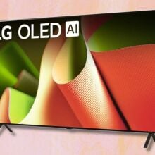 lg b4 oled tv angled on a light pink and orange background