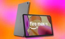 amazon fire max 11 tablet on a pink and orange gradient background