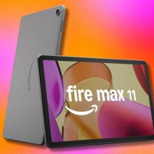 amazon fire max 11 tablet on a pink and orange gradient background