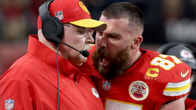 Travis Kelce #87 of the Kansas City Chiefs reacts at Head coach Andy Reid in the first half against the San Francisco 49ers during Super Bowl LVIII at Allegiant Stadium on Feb. 11, 2024, in Las Vegas, Nevada.