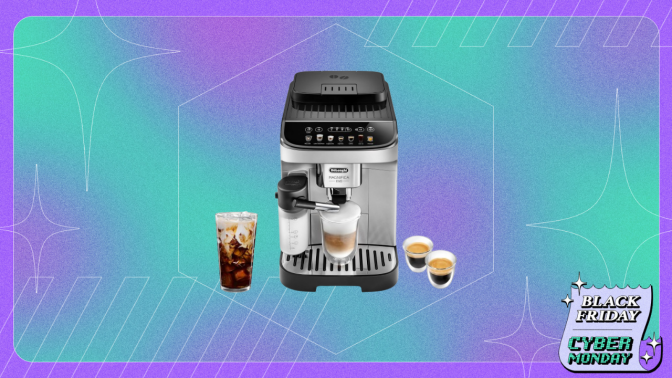 espresso machine against purple and teal background with black friday and cyber mondy logo