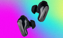 Bose QuietComfort Ultra Earbuds on a film grain purple, turquoise and green gradient background