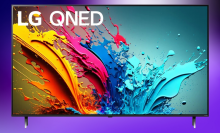 LG QNED 85 TV on a purple gradient background