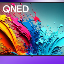 LG QNED 85 TV on a purple gradient background