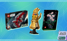 A Star Wars Lego box, Marvel Infinity Gauntlet Lego, and Lego Orchid box arranged on blue and green backdrop