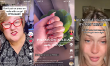 Composite image of TikTok screenshots showing two women with a warning message on the screen, and a press on nail manicure. 