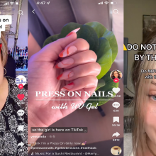 Composite image of TikTok screenshots showing two women with a warning message on the screen, and a press on nail manicure. 