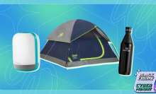 collage of camping products on patterned background with badge that reads 'cyber monday black friday'