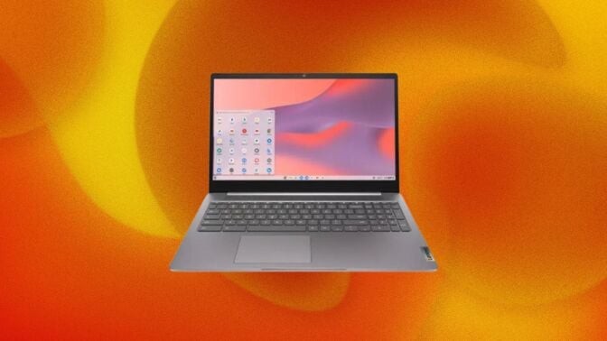 A Lenovo laptop appears on an orange, swirly abstract background.