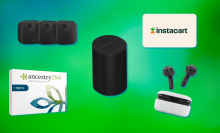 Amazon Echo Buds, Blink Outdoor cameras, AncestryDNA kit, Instacart gift card, Sonos speaker with green background