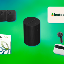 Amazon Echo Buds, Blink Outdoor cameras, AncestryDNA kit, Instacart gift card, Sonos speaker with green background