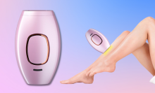 laser hair remover device next to hairless legs 