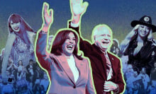 Kamala Harris and Tim Walz wave in the center of the image, and are flanked by Beyonce and Taylor Swift.