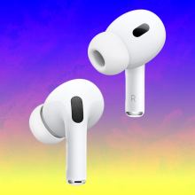 Apple AirPods Pro 2 on a purple to yellow gradient background