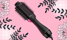 revlon one-step hot brush with pink floral background