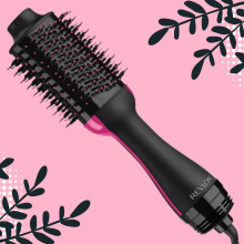 revlon one-step hot brush with pink floral background