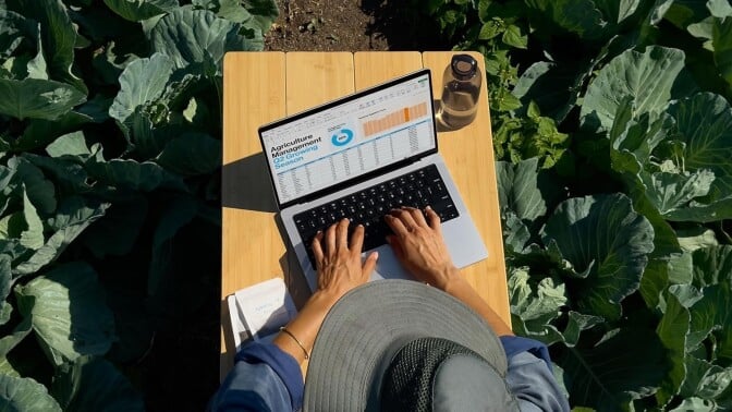 an aerial photo shows a person uses the macbook pro while wearing a bucket hat and sitting in a field of cabbage