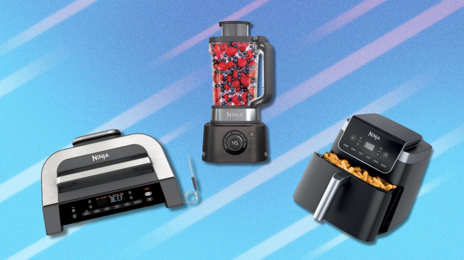 a ninja oven, blender, and air fryer on a blue background