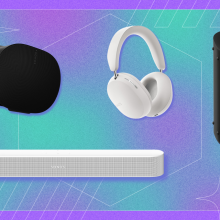 Sonos speakers, soundbar, and headphones with purple and teal background and black friday banner in lower right corner