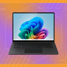 the microsoft surface laptop 7 against a pink and orange gradient background with faint line art. there's a black friday/cyber monday logo in the lower right corner