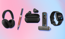 Sonos Ace, Dyson Airwrap, Beats Solo Buds, Amazon Fire TV Stick, Fitbit Versa 4 with pink and blue background