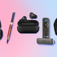 Sonos Ace, Dyson Airwrap, Beats Solo Buds, Amazon Fire TV Stick, Fitbit Versa 4 with pink and blue background