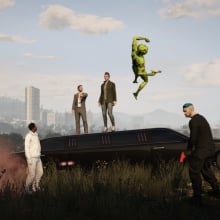 Two people stand atop a limo as a green alien jumps into the sky and one person on the ground looks at them while another, holding a red gun, looks into the distance. 