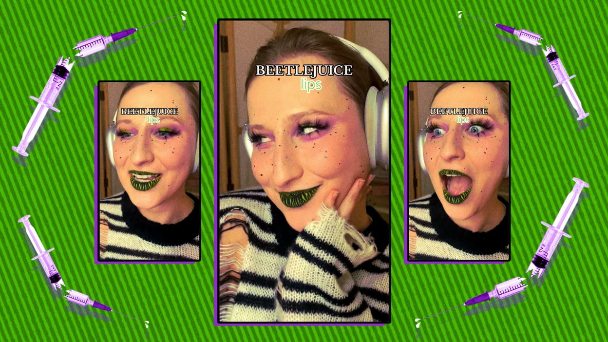 Three screenshots of Adrianna Kalisz's green and black "Beetlejuice lips" surrounded by broken injectables. 