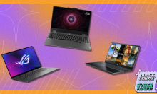 Gaming laptops in front of orange background