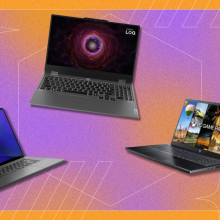 Gaming laptops in front of orange background