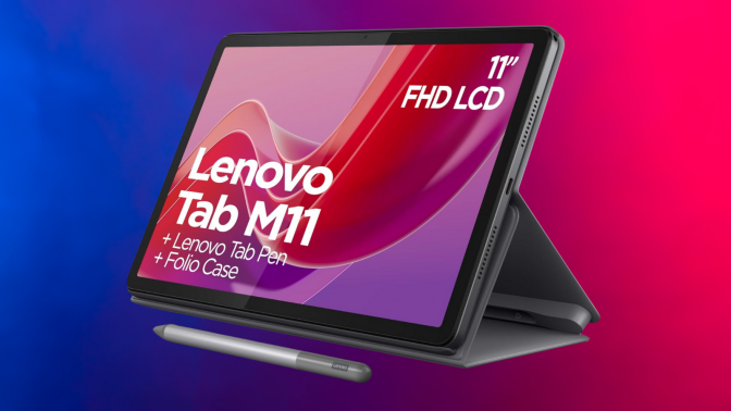 Lenovo Tab M11 on a blue to purple gradient background