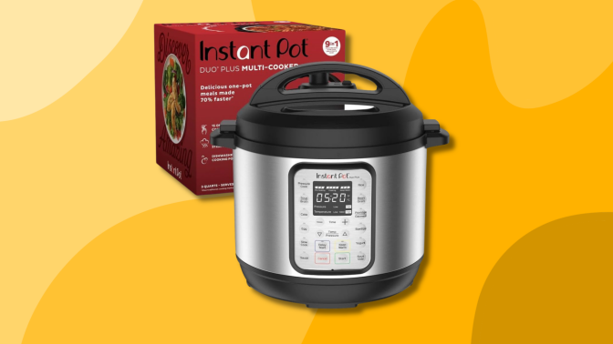 An Instant Pot Duo Plus multi-cooker displayed next to its product box against a yellow and orange background.