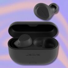 jabra elite 8 active gen 2 earbuds and case against a purple and tan swirling background