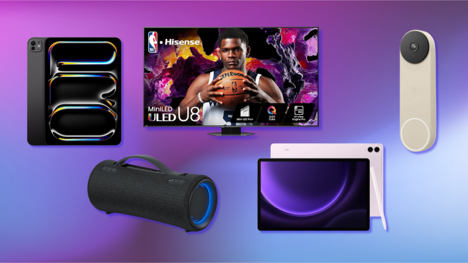 iPad Pro, Hisense TV, Sony speaker, Samsung Galaxy tablet, and Google Nest doorbell with purple and blue background