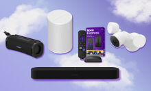 Sony ULT Field 1, Sonos Era 100, Sonos Beam Gen 2, Roku Express, and Google Floodlight Cam with purple and white background