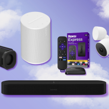 Sony ULT Field 1, Sonos Era 100, Sonos Beam Gen 2, Roku Express, and Google Floodlight Cam with purple and white background