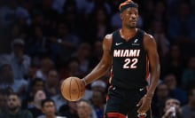 Jimmy Butler #22 of the Miami Heat controls the ball against the Oklahoma City Thunder during the first half at Kaseya Center on December 20, 2024 in Miami, Florida.