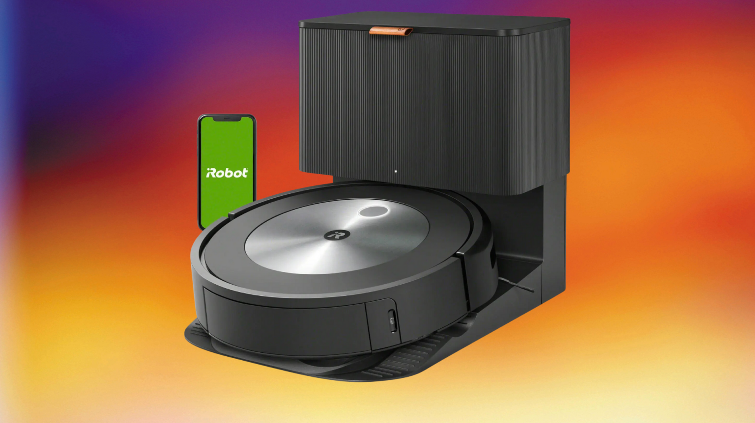  iRobot Roomba j7+ robot vacuum on a rainbow gradient background