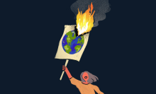 An illustration of a person holding a burning protest sign.