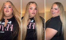 Three photos of Lebron in a black tee, blonde wig, and full face of glam.