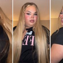 Three photos of Lebron in a black tee, blonde wig, and full face of glam.