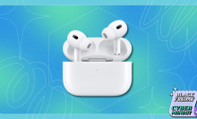 A pair of Apple AirPods Pro 2 overlaying a colorful background