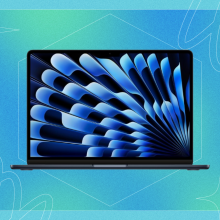 an m3 apple macbook air against a blue and green gradient background. there's a black friday/cyber monday logo in the lower right corner