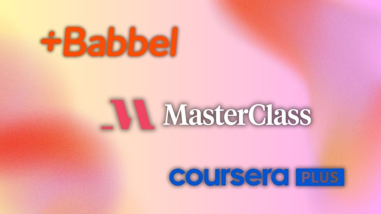 pink and orange gradient background with Babbel, MasterClass, Coursera logos