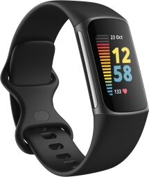 Thin black fitbit with 12:58 and the date showing on the screen