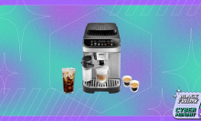 espresso machine against purple and teal background with black friday and cyber mondy logo