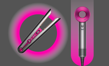 Dyson Corrale hair straightener and Supersonic blow dryer on gray background with pink graphics