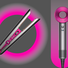 Dyson Corrale hair straightener and Supersonic blow dryer on gray background with pink graphics