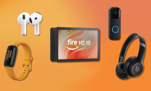 AirPods 4, Fitbit Inspire 3, Fire HD 10, Blink Video Doorbell, and Beats Solo 4 with orange gradient background