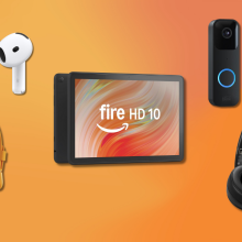 AirPods 4, Fitbit Inspire 3, Fire HD 10, Blink Video Doorbell, and Beats Solo 4 with orange gradient background